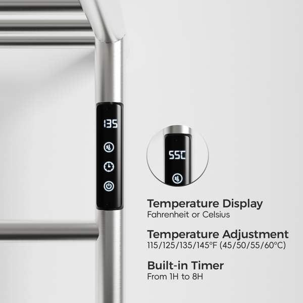 Heated Towel Rack with Top Shelf, 3-Bar Towel Wall Mounted Warmer for Bathroom with Intelligent Touch Screen Timer, 304 Stainless Steel Polished, Plug-in/Hard-Wired[Unable to ship on weekends]