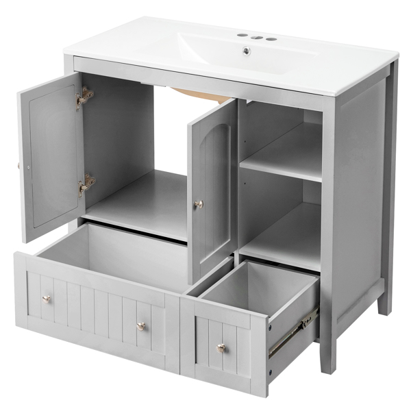 With Basin Grey MDF Lacquered Double Door & 2-Drawer Bathroom Vanity Cabinet with Decorative Molding - 91x46x82cm
