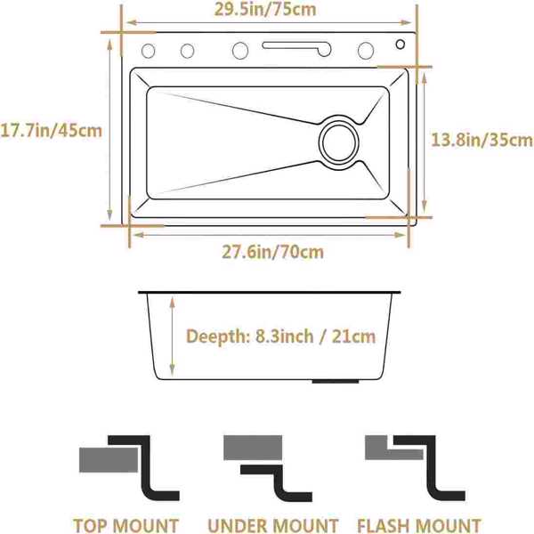 countertop Digital Display Waterfall Kitchen Sink, Drop in Black Single Bowl Stainless Steel Sink with Two Waterfalls & Cup Washer, Topmount Workstation Kitchen Sink with Accessories (29.5 x 17.7in)