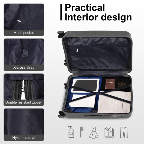 4-Piece Luggage Set with 2 Handbags & 8-Piece Toiletry Kit – Durable PP Suitcase (18in/20in/24in/28in) + 30L Travel Tote + 3L Crossbody Wash Bag – Iron Telescopic Handle – Dark Gray