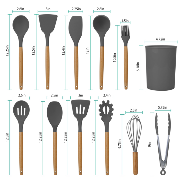 11Pcs Silicone Cooking Utensil Set Heat Resist Wooden Handle Silicone Spatula Ladle Spaghetti Server Tongs Spoon Egg whisk Kitchenware Set w/ Holder