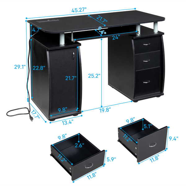 FCH  115* 55*74cm  Black PB Wood 15mm Portable 1pc Door with 3pcs Drawers Computer Desk