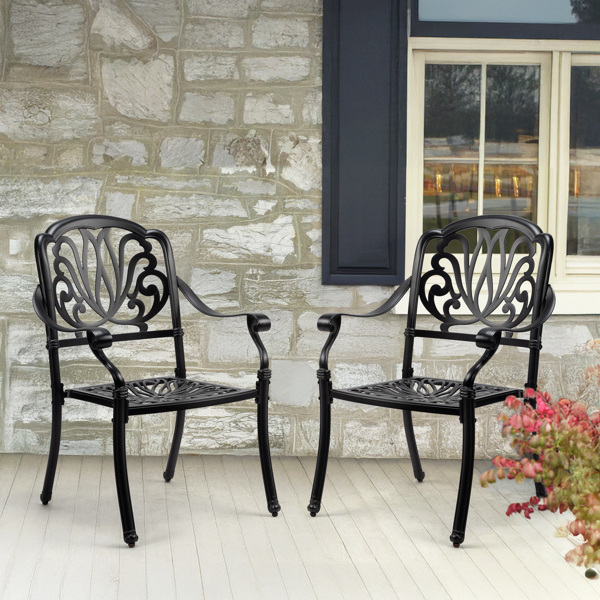 Patio Chairs Set of 2 - Stackable Outdoor Cast Aluminum Dining Chairs with Vintage Black Finish and Floral pattern, Metal Armchairs for Poolside, Backyard, Balcony (No cushion)