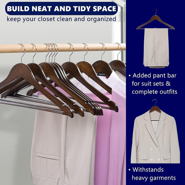 10 - Pack Wood Hangers in Walnut Color. Heavy - Duty, Non - Slip and Durable, Perfect for Organizing Coats, Shirts, Jackets, Pants, Suits, and Saving Closet Space