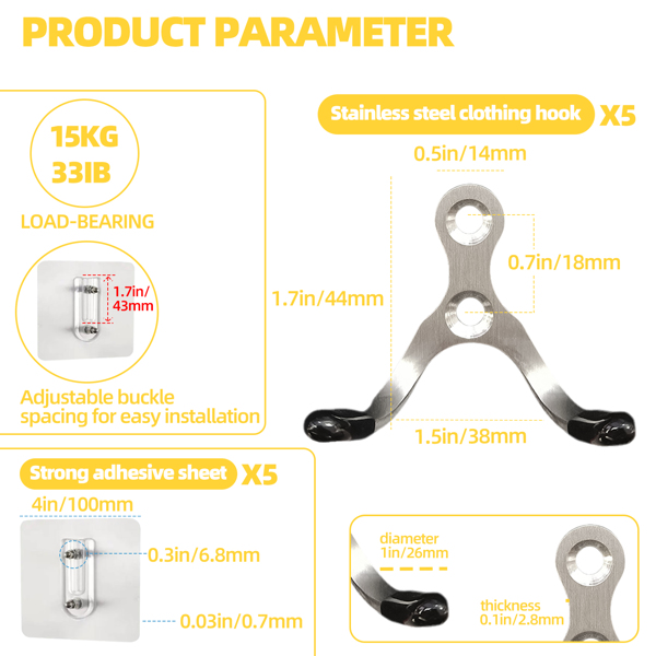 Stainless steel double-hung hooks for multi-functional use in bathroom entrance, living room and other areas.