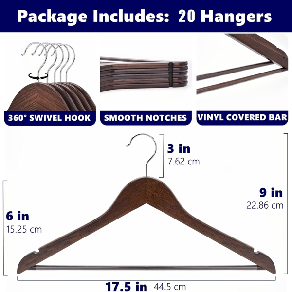 20 - Pack Walnut Wood Hangers: Heavy - Duty, Non - Slip, Ideal for Suits, Jeans & Shirts - Space - Saving Closet Organizers