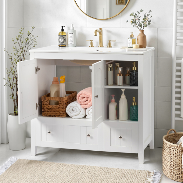 Without Basin White MDF spray paint double door double drawer with decorative strips bathroom cabinet 91*46*82cm