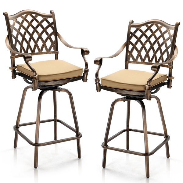 Outdoor Swivel Bar Stools Set of 2, Cast Aluminum Patio Bar Height Chairs, All-Weather Bar Dining Chairs Outdoor Swivel Chairs Furniture (Grid Back)