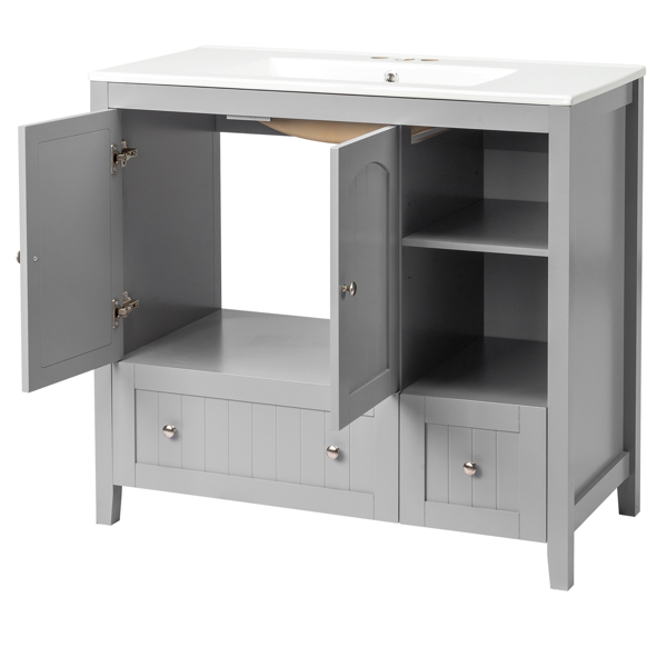 With Basin Grey MDF Lacquered Double Door & 2-Drawer Bathroom Vanity Cabinet with Decorative Molding - 91x46x82cm