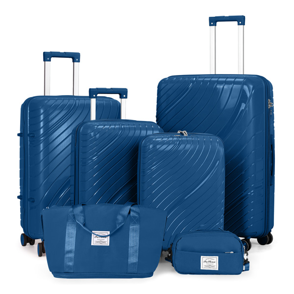 4-Piece Luggage Set with 2 Handbags & 8-Piece Toiletry Kit – Durable PP Suitcase (18in/20in/24in/28in) + 30L Travel Tote + 3L Crossbody Wash Bag – Iron Telescopic Handle – Dark Blue