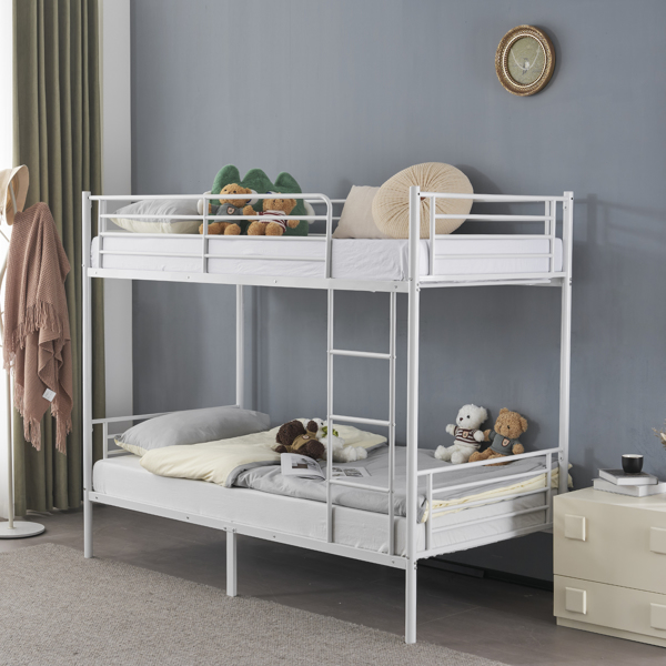 【Same Code：99091194】Twin Over Twin Bunk Bed for Kids Teens Adults, Heavy Duty Metal Bunk Bed with Ladder & Full-Length Guard Rail & Storage Space, White