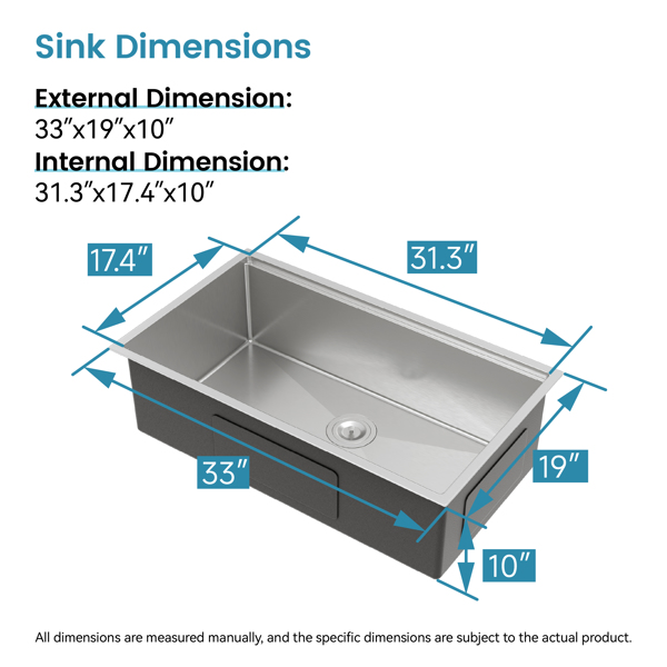 不锈钢厨房水槽，33“x19”单碗，黑色底装手工水槽，带砧板，Colander【周末不发货，TK/TEMU订单仅支持自提】-7