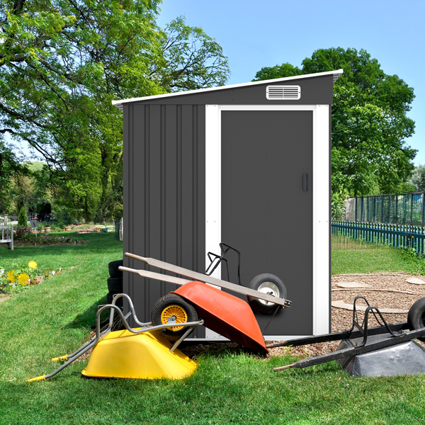 5*7FT Outdoor Storage Shed, Metal Garden Storage House with Slanted Roof & Double Sliding Doors for Backyard Outdoor Patio, Black
