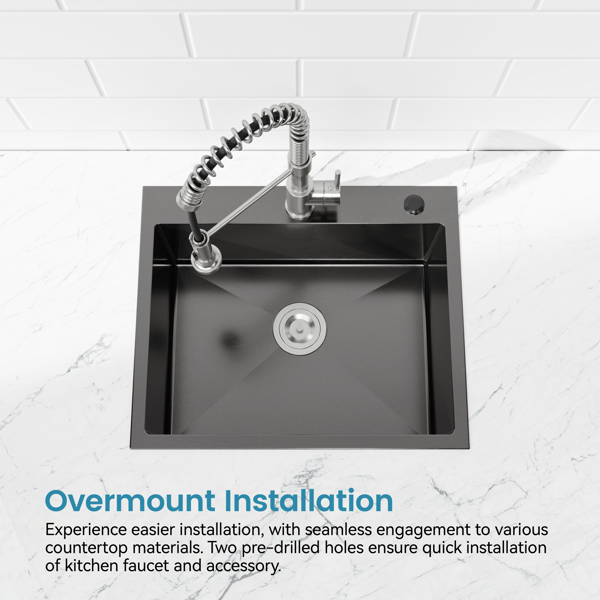 不锈钢厨房水槽，23英寸x19英寸单碗，黑色底装手工水槽，带美国标准排水管和挂钩【周末不发货，TK/TEMU订单仅支持自提】-4