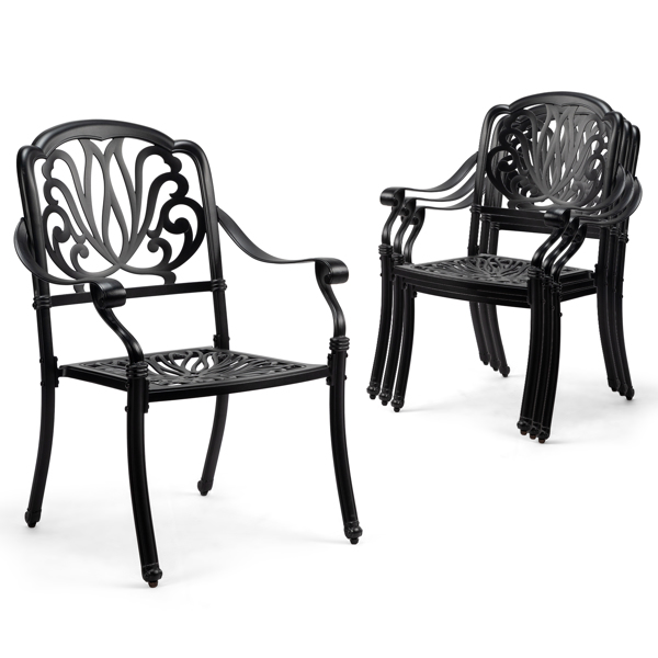 Patio Chairs Set of 2 - Stackable Outdoor Cast Aluminum Dining Chairs with Vintage Black Finish and Floral pattern, Metal Armchairs for Poolside, Backyard, Balcony (No cushion)