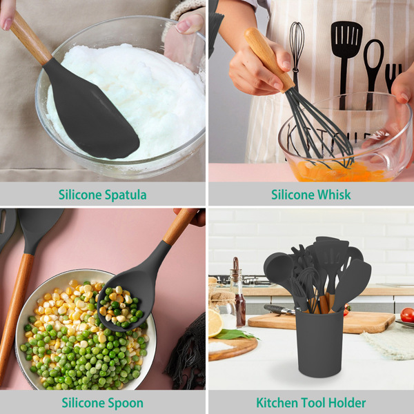 11Pcs Silicone Cooking Utensil Set Heat Resist Wooden Handle Silicone Spatula Ladle Spaghetti Server Tongs Spoon Egg whisk Kitchenware Set w/ Holder