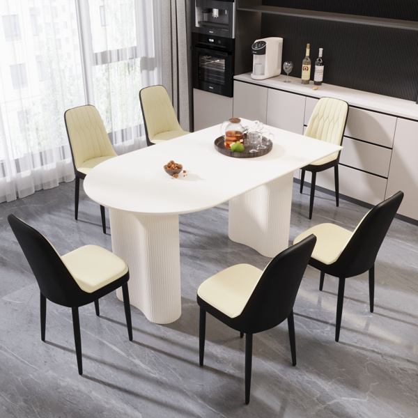 63 "medieval modern cream style MDF dining table and PU dining chair set 6. Assemble Desktop and black metal leg dining chair set, suitable for home&kitchen 