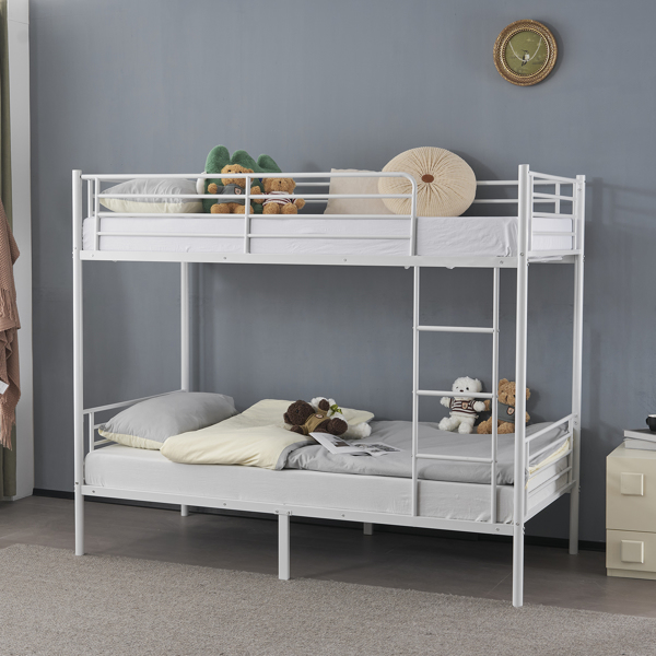 【Same Code：99091194】Twin Over Twin Bunk Bed for Kids Teens Adults, Heavy Duty Metal Bunk Bed with Ladder & Full-Length Guard Rail & Storage Space, White
