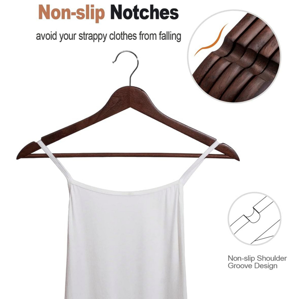 10 - Pack Wood Hangers in Walnut Color. Heavy - Duty, Non - Slip and Durable, Perfect for Organizing Coats, Shirts, Jackets, Pants, Suits, and Saving Closet Space