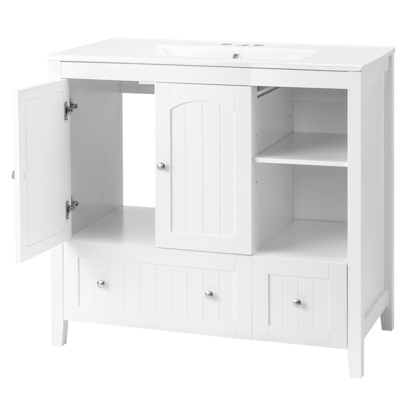 White MDF spray paint double door double drawer with decorative strips bathroom cabinet 91*46*82cm