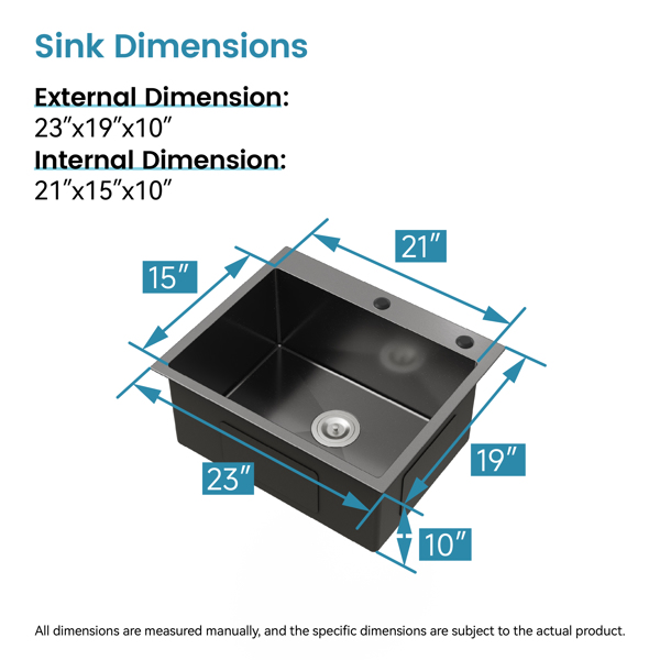 不锈钢厨房水槽，23英寸x19英寸单碗，黑色底装手工水槽，带美国标准排水管和挂钩【周末不发货，TK/TEMU订单仅支持自提】-8