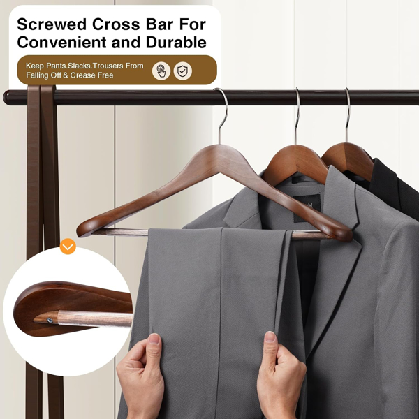 20-Pack Wide Shoulder Wooden Hangers - Heavy Duty Suit Hangers with Non-Slip Pants Bar, Smooth Finish, 360° Swivel Hook for Jackets, Sweaters, Shirts, and Coats - Walnut Wood Closet Organizers