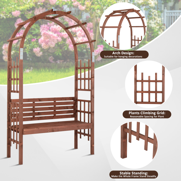 6.8FT Wooden Arch with Bench for 2 People, Garden Arbor Trellis for Climbing Plant, Outdoor Garden Lawn Backyard Patio Decor, Dark Brown