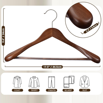 20-Pack Wide Shoulder Wooden Hangers - Heavy Duty Suit Hangers with Non-Slip Pants Bar, Smooth Finish, 360° Swivel Hook for Jackets, Sweaters, Shirts, and Coats - Walnut Wood Closet Organizers