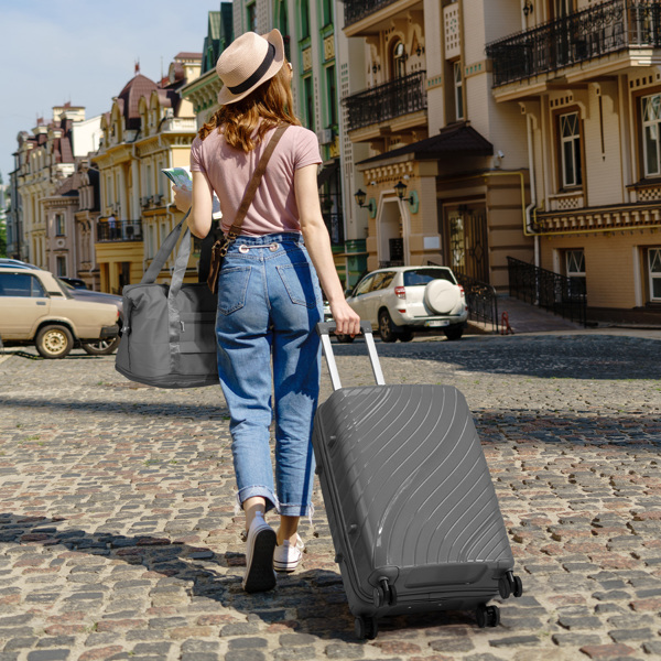 4-Piece Luggage Set with 2 Handbags & 8-Piece Toiletry Kit – Durable PP Suitcase (18in/20in/24in/28in) + 30L Travel Tote + 3L Crossbody Wash Bag – Iron Telescopic Handle – Dark Gray