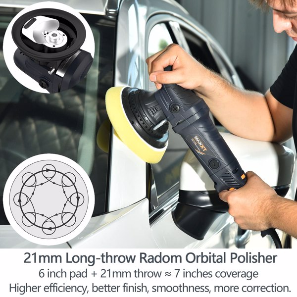 Dual Action Car Buffer, 21mm Random orbital Polisher, 6 Variable Speeds 2100-5000 OPM, 6 inch(150mm) backing plate with 4 polishing Pad, 4M(13ft) Long Cable for car polishing and waxing[Unable to ship