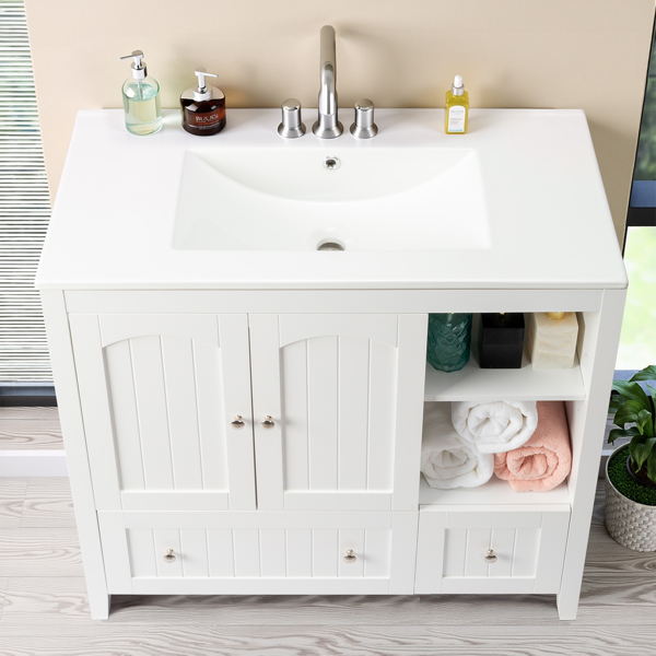 Without Basin White MDF spray paint double door double drawer with decorative strips bathroom cabinet 91*46*82cm