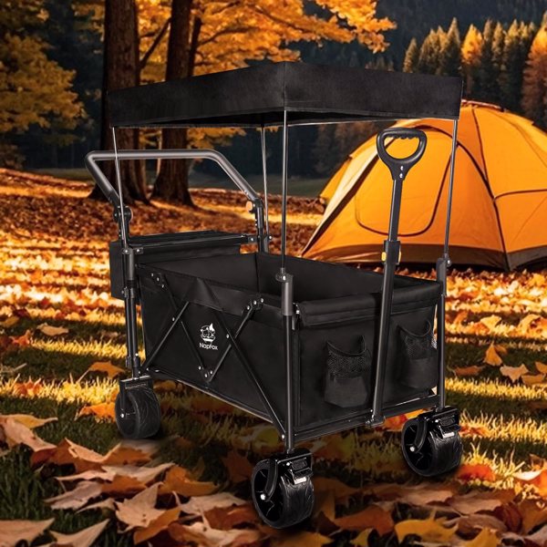 Collapsible Wagon Heavy Duty Wagons Carts Foldable with Removable Canopy, Foldable Wagon Cart with Wheels for All-Terrain with Brake, for Camping Beach Shopping 