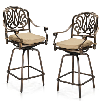 Outdoor Swivel Bar Stools Set of 2, Cast Aluminum Patio Bar Height Chairs, All-Weather Bar Dining Chairs Outdoor Swivel Chairs Furniture (Elizabethan Back)