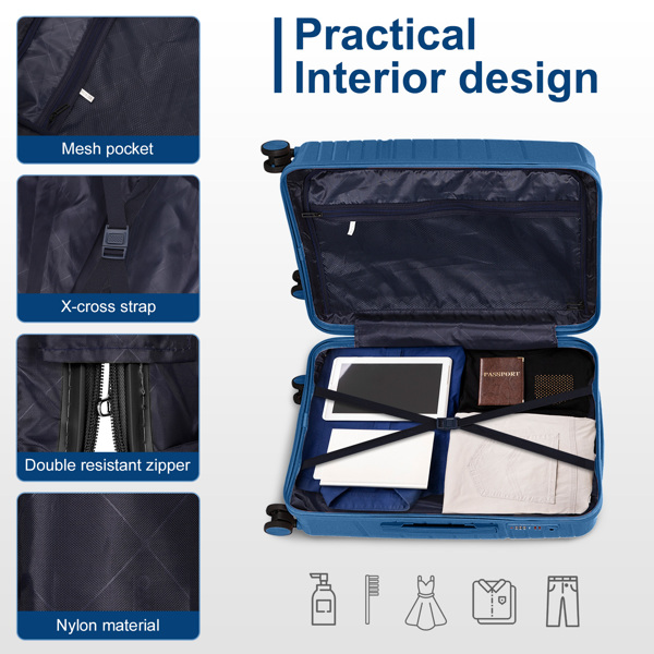4-Piece Luggage Set with 2 Handbags & 8-Piece Toiletry Kit – Durable PP Suitcase (18in/20in/24in/28in) + 30L Travel Tote + 3L Crossbody Wash Bag – Iron Telescopic Handle – Dark Blue