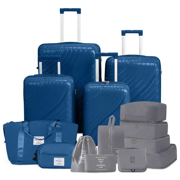 4-Piece Luggage Set with 2 Handbags & 8-Piece Toiletry Kit – Durable PP Suitcase (18in/20in/24in/28in) + 30L Travel Tote + 3L Crossbody Wash Bag – Iron Telescopic Handle – Dark Blue