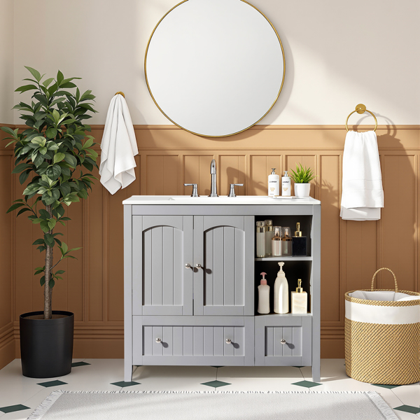 With Basin Grey MDF Lacquered Double Door & 2-Drawer Bathroom Vanity Cabinet with Decorative Molding - 91x46x82cm