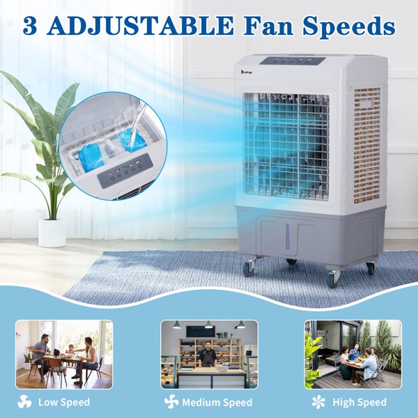 3 in 1 Portable Evaporative Cooler,Indoor,Outdoor,2647CFM Personal Air Cooler with remote control ,10.57 Gal Large Water Tank & Scroll Casters, 4 Ice Packs,White and gray