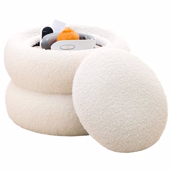Storage Ottoman, Round Teddy Velvet Footrest with Tray, Macaron-Shaped Stool, Modern Side Table, Small Ottoman for Living Room, Bedroom, and Hallway Decor- White