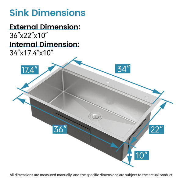 不锈钢厨房水槽，36“x22”单碗，带切菜板、滤锅、格栅的拉丝超装手工水槽【周末不发货，TK/TEMU订单仅支持自提】-5