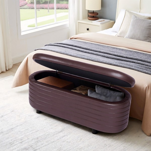 Brown Pu Leather, Modern Upholstered Storage Bench, End Of Bed Stool, For Living Room, Entryway, Bedroom