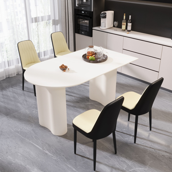 63 "medieval modern cream style MDF dining table and PU dining chair set 4. Assemble Desktop and black metal leg dining chair set, suitable for home&kitchen 