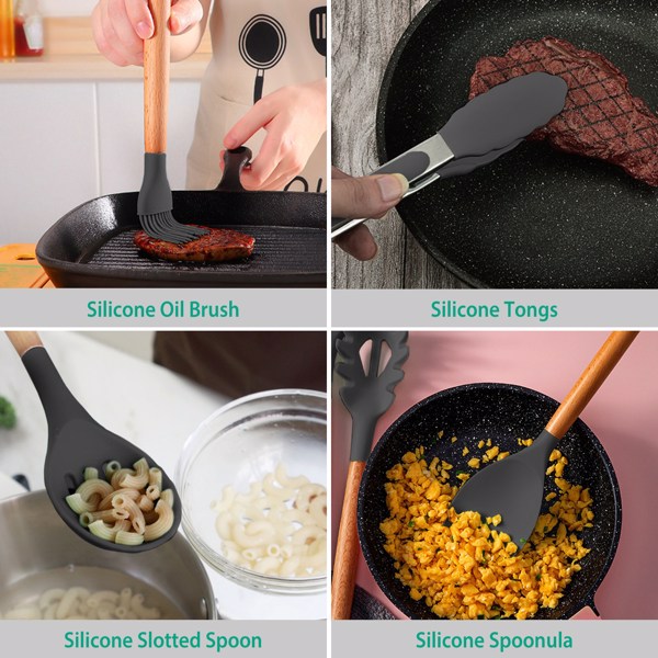 11Pcs Silicone Cooking Utensil Set Heat Resist Wooden Handle Silicone Spatula Ladle Spaghetti Server Tongs Spoon Egg whisk Kitchenware Set w/ Holder