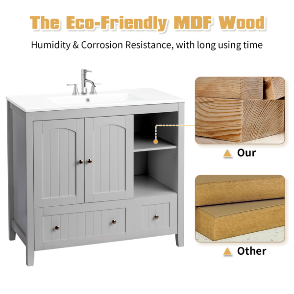 With Basin Grey MDF Lacquered Double Door & 2-Drawer Bathroom Vanity Cabinet with Decorative Molding - 91x46x82cm