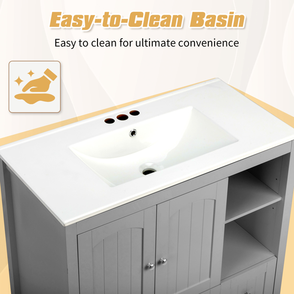 With Basin Grey MDF Lacquered Double Door & 2-Drawer Bathroom Vanity Cabinet with Decorative Molding - 91x46x82cm