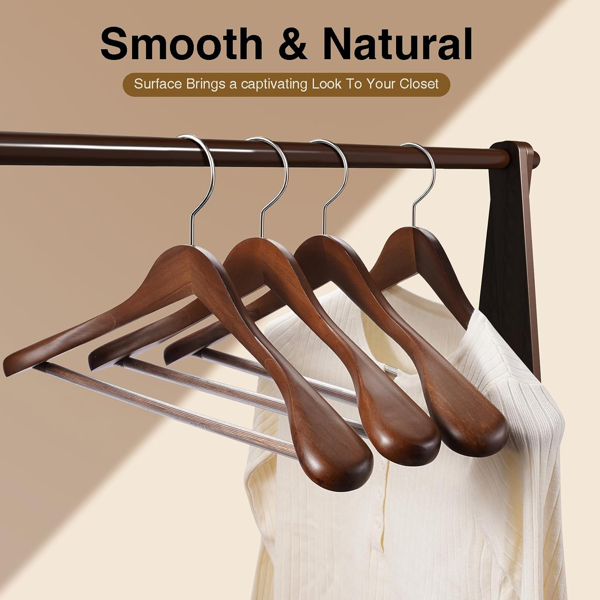 20-Pack Wide Shoulder Wooden Hangers - Heavy Duty Suit Hangers with Non-Slip Pants Bar, Smooth Finish, 360° Swivel Hook for Jackets, Sweaters, Shirts, and Coats - Walnut Wood Closet Organizers