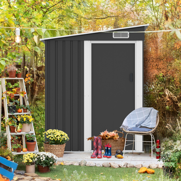 5*7FT Outdoor Storage Shed, Metal Garden Storage House with Slanted Roof & Double Sliding Doors for Backyard Outdoor Patio, Black