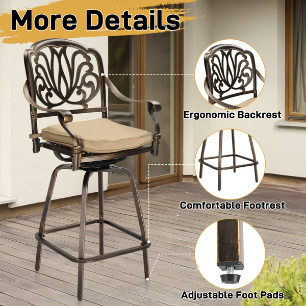 Outdoor Swivel Bar Stools Set of 2, Cast Aluminum Patio Bar Height Chairs, All-Weather Bar Dining Chairs Outdoor Swivel Chairs Furniture (Elizabethan Back)