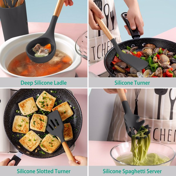 11Pcs Silicone Cooking Utensil Set Heat Resist Wooden Handle Silicone Spatula Ladle Spaghetti Server Tongs Spoon Egg whisk Kitchenware Set w/ Holder