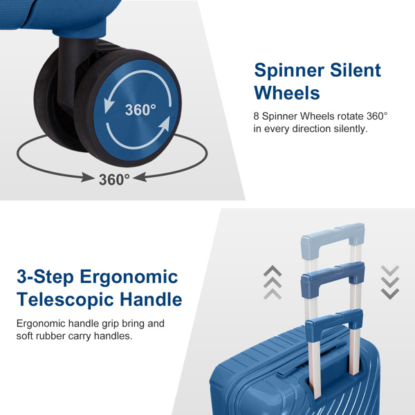 4-Piece Luggage Set with 2 Handbags & 8-Piece Toiletry Kit – Durable PP Suitcase (18in/20in/24in/28in) + 30L Travel Tote + 3L Crossbody Wash Bag – Iron Telescopic Handle – Dark Blue
