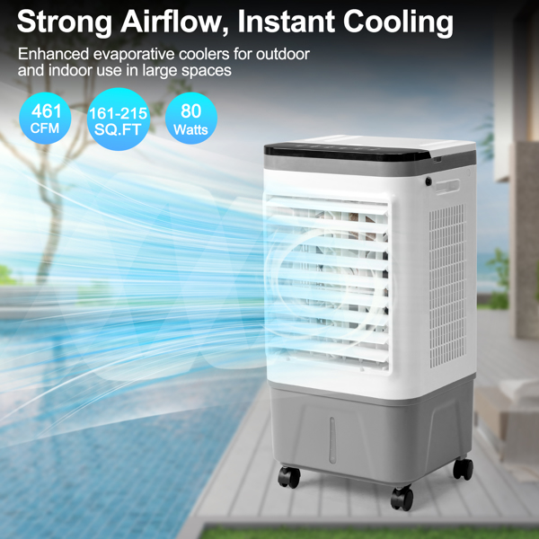 3 in 1 Portable Evaporative Cooler,720R,Indoor,Outdoor,461CFM Air Cooler with remote,Copper motor,5.28 Gal Water Tank & Scroll Casters, 4 Ice Packs,12H timer settings,Gray and White